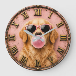 Golden Retriever Blowing Pink Bubble Gum Große Wanduhr