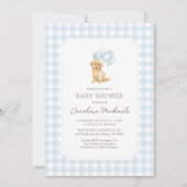 Golden Retriever Blue Gingham Baby Dusche Einladung (Vorderseite)