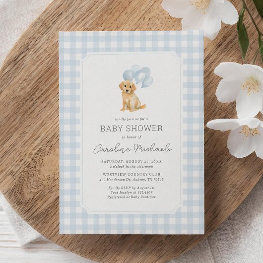 Golden Retriever Blue Gingham Baby Dusche Einladung