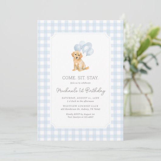 Golden Retriever Blue Gingham Birthday Einladung (Stehend Vorderseite)