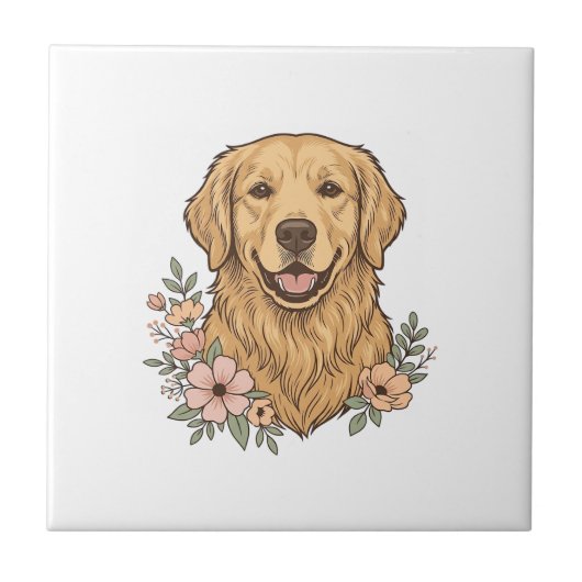 Golden Retriever Blumenvintage-Prägedesign_1 Fliese (Vorderseite)
