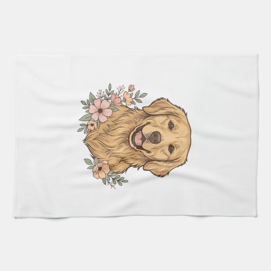 Golden Retriever Blumenvintage-Prägedesign_1 Geschirrtuch (Horizontal)