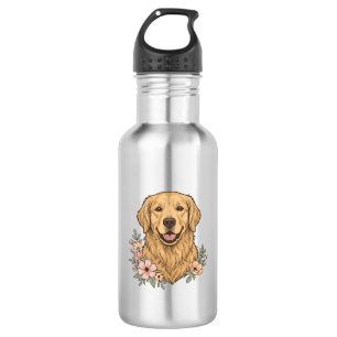 Golden Retriever Blumenvintage-Prägungsdesign_1 Edelstahlflasche