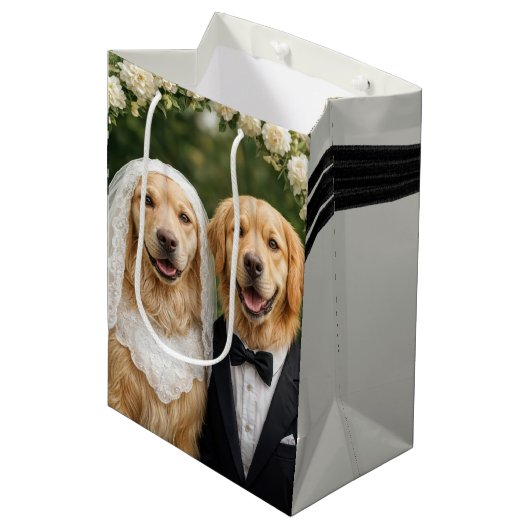 Golden Retriever Bride and Groom Portrait Mittlere Geschenktüte (Vorderseite Schrägansicht)