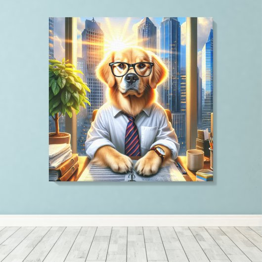 Golden Retriever BusinessMan im Büro Leinwanddruck (Insitu (Holzboden))