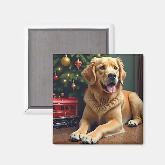 Golden Retriever by the Toy Train Christmas Magnet (Vorderseite/Rückseite)