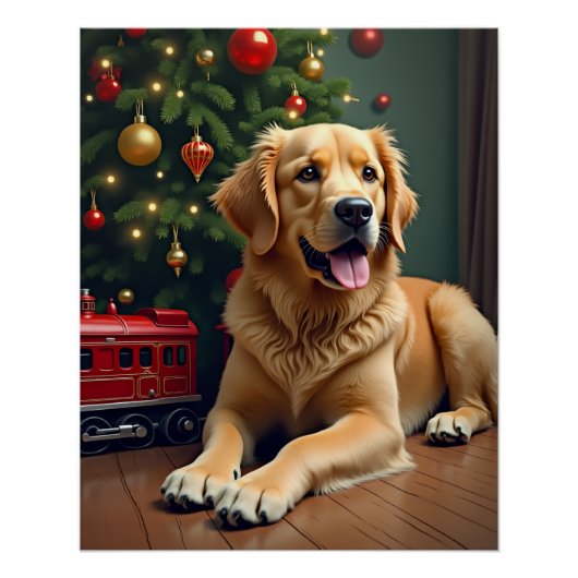 Golden Retriever by the Toy Train Christmas Poster (Vorderseite)