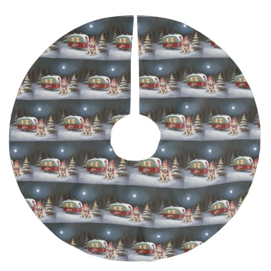 Golden Retriever Caravan Weihnachtsabenteuer Polyester Weihnachtsbaumdecke (Vorderseite)