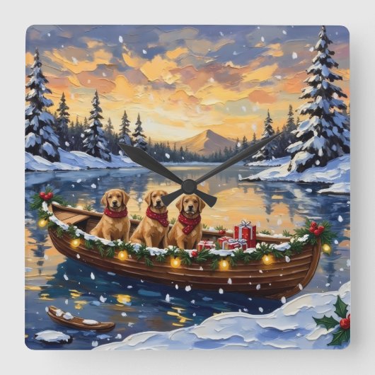 Golden Retriever Christmas Boat Holiday Quadratische Wanduhr (Vorderseite)