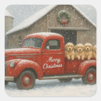Golden Retriever Christmas Puppies in Old Truck Quadratischer Aufkleber