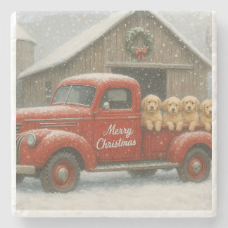 Golden Retriever Christmas Puppies in Old Truck Steinuntersetzer
