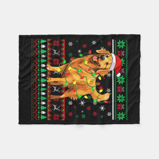 Golden Retriever Christmas Santa Hat Tree Lights P Fleecedecke (Vorderseite (Horizontal))
