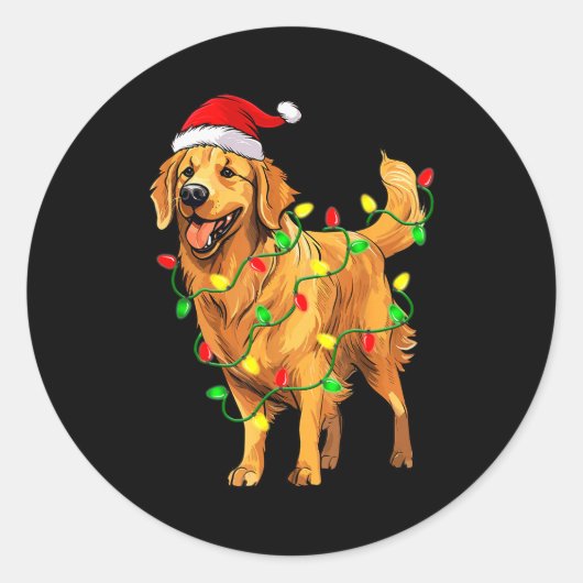 Golden Retriever Christmas Santa Hat Tree Lights P Runder Aufkleber (Vorderseite)