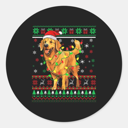 Golden Retriever Christmas Santa Hat Tree Lights P Runder Aufkleber (Vorderseite)