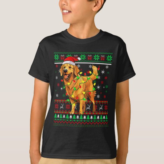 Golden Retriever Christmas Santa Hat Tree Lights P T-Shirt (Vorderseite)