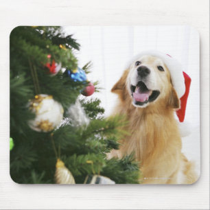 Golden Retriever, der Weihnachtsbaum beobachtet Mousepad