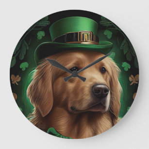 Golden Retriever Dog am St. Patrick's Day Große Wanduhr