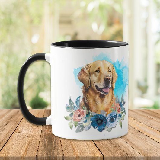 Golden Retriever Dog Blue Floral Bouquet Tasse