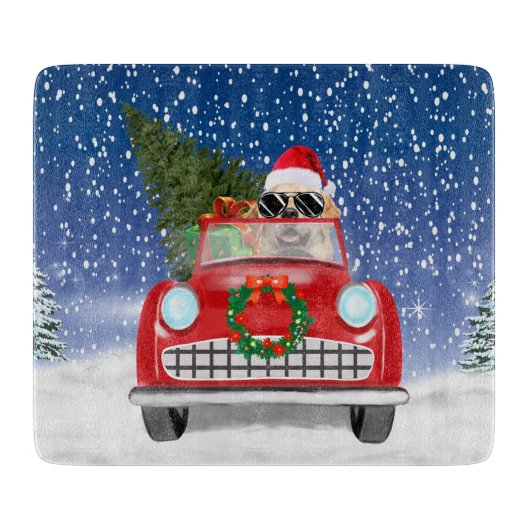 Golden Retriever Dog Driving Car im Schnee Weihnac Schneidebrett (Vorderseite)