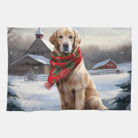 Golden Retriever Dog in Schnee Weihnachten Geschirrtuch (Horizontal)