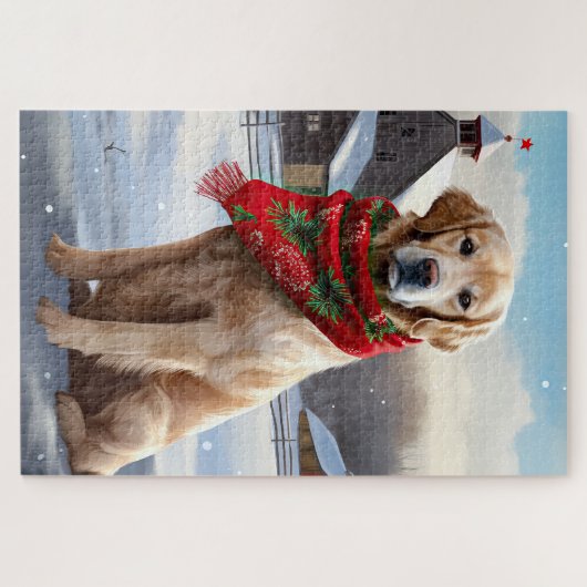 Golden Retriever Dog in Schnee Weihnachten Puzzle (Horizontal)
