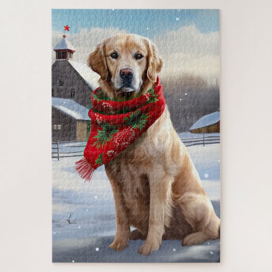 Golden Retriever Dog in Schnee Weihnachten Puzzle (Vertikal)