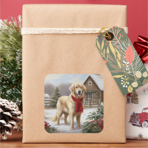Golden Retriever Dog in Schnee Weihnachten Quadratischer Aufkleber