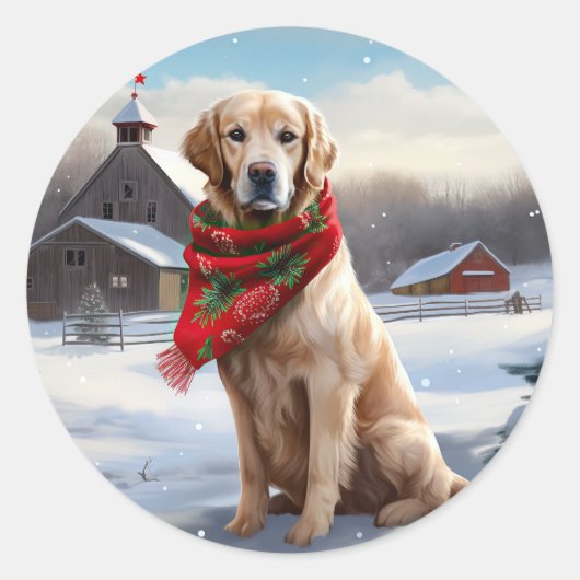 Golden Retriever Dog in Schnee Weihnachten Runder Aufkleber (Vorderseite)