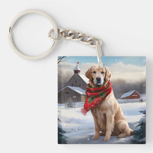 Golden Retriever Dog in Schnee Weihnachten Schlüsselanhänger (Vorderseite)