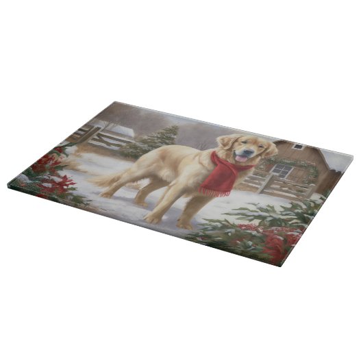 Golden Retriever Dog in Schnee Weihnachten Schneidebrett (Ecke)