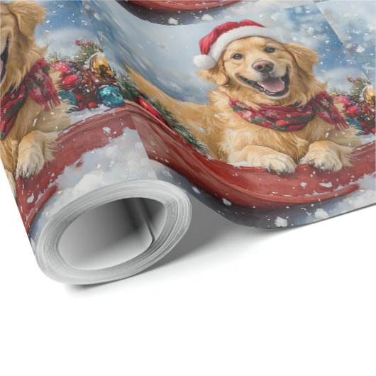 Golden Retriever Dog in Sledge Snow Weihnachten Geschenkpapier (Rolleneckpunkt)