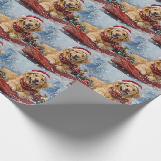 Golden Retriever Dog in Sledge Snow Weihnachten Geschenkpapier (Ecke)