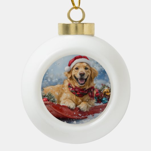Golden Retriever Dog in Sledge Snow Weihnachten Keramik Kugel-Ornament (Vorderseite)