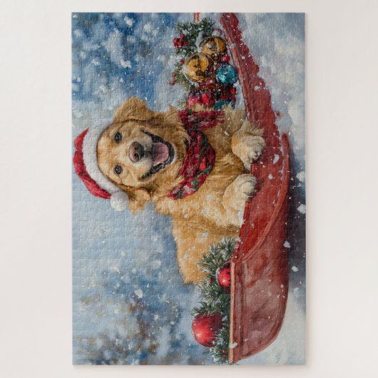 Golden Retriever Dog in Sledge Snow Weihnachten Puzzle (Vertikal)