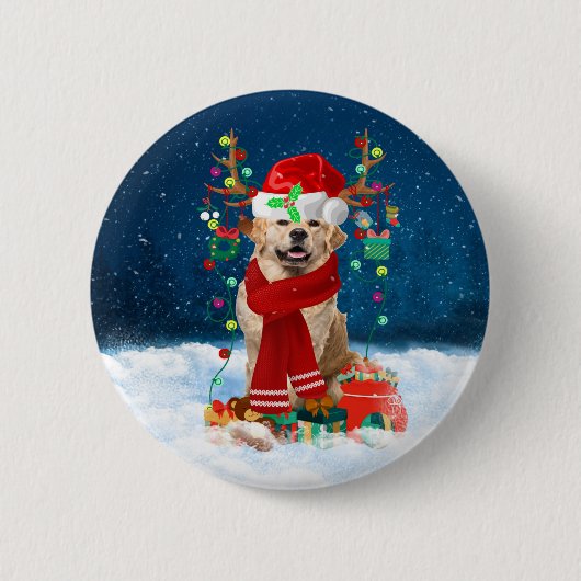 Golden Retriever Dog in Snow mit Weihnachtsgeschen Button (Vorderseite)