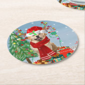 Golden Retriever Dog in Snow mit Weihnachtsgeschen Runder Pappuntersetzer (Angewinkelt)