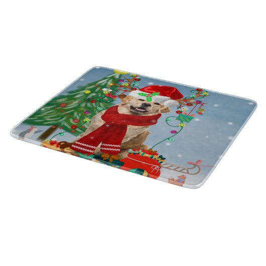 Golden Retriever Dog in Snow mit Weihnachtsgeschen Schneidebrett (Ecke)