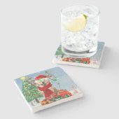 Golden Retriever Dog in Snow mit Weihnachtsgeschen Steinuntersetzer (Seitenansicht)