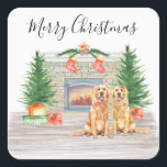 Golden Retriever Dog Lover Christmas Quadratischer Aufkleber<br><div class="desc">Schick Weihnachten Grüße in dieser Urlaubssaison mit diesen Golden Retriever Hunden in einem Aquarell-Design. Dieser Golden Retriever Ferienaufkleber verfügt über zwei Welpen mit Golden Retriever, eine Kaminszene mit Ferienbäumen, Strümpfen und Geschenken. Der Golden Retriever Aufkleber wird bei Golden Retriever Liebhabern, Hundefreunden und Tierfreunden beliebt sein. Besuchen Sie unsere Kollektion für...</div>