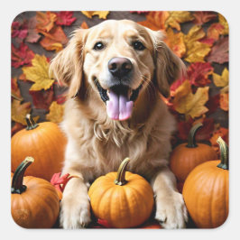 Golden Retriever Dog mit Pumpkins & Herbstleaves Quadratischer Aufkleber