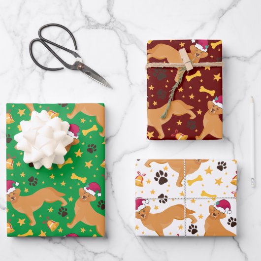 Golden Retriever Dog mit Weihnachtsmannmütze Weihn Geschenkpapier Set (Vorderseite)