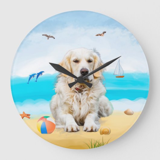 Golden Retriever Dog on Beach Große Wanduhr (Vorderseite)