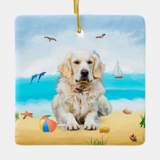 Golden Retriever Dog on Beach Keramikornament (Vorderseite)
