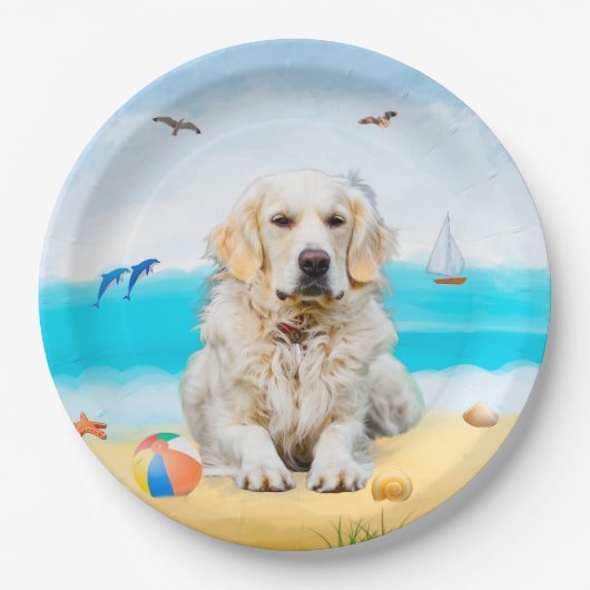 Golden Retriever Dog on Beach Pappteller (Vorderseite)