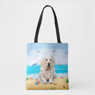 Golden Retriever Dog on Beach Tasche