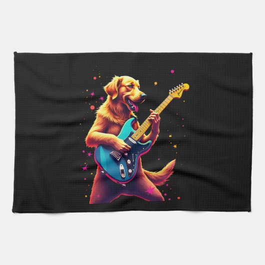 Golden Retriever dog Playing Electric Guitar Rock  Geschirrtuch (Horizontal)