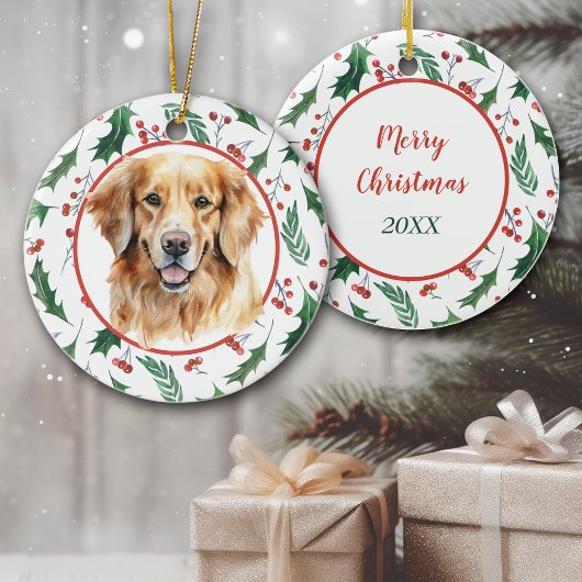 Golden Retriever Dog Red Berry Holly Border Keramik Ornament
