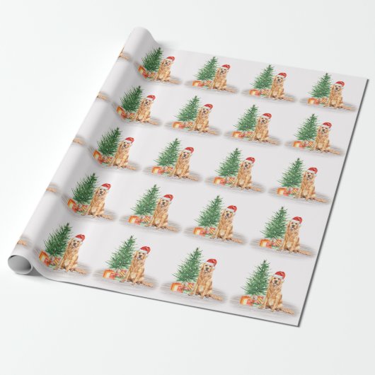 Golden Retriever Dog Santa Tree Frohe Weihnachten Geschenkpapier (Ungerollt)
