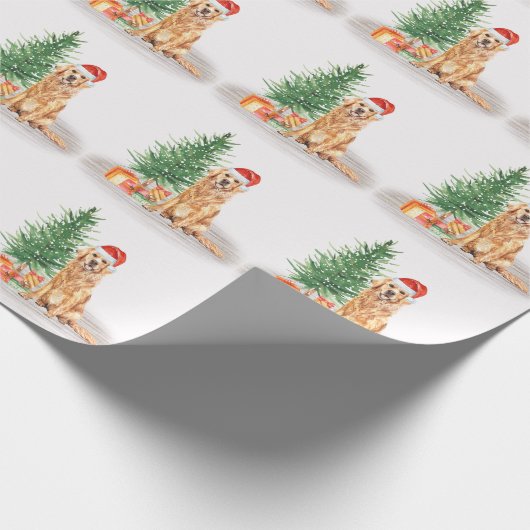 Golden Retriever Dog Santa Tree Frohe Weihnachten Geschenkpapier (Ecke)