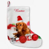 Golden Retriever Dog W Rote Weihnachtsmannmütze We Kleiner Weihnachtsstrumpf (Vorderseite)